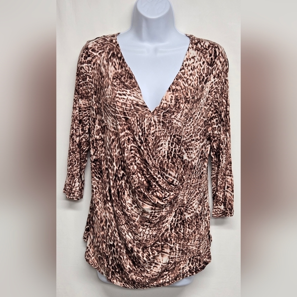 Jennifer Lopez PXL Animal Print Brown Stretch Knit Top Gathered Side 1/2 Sleeve